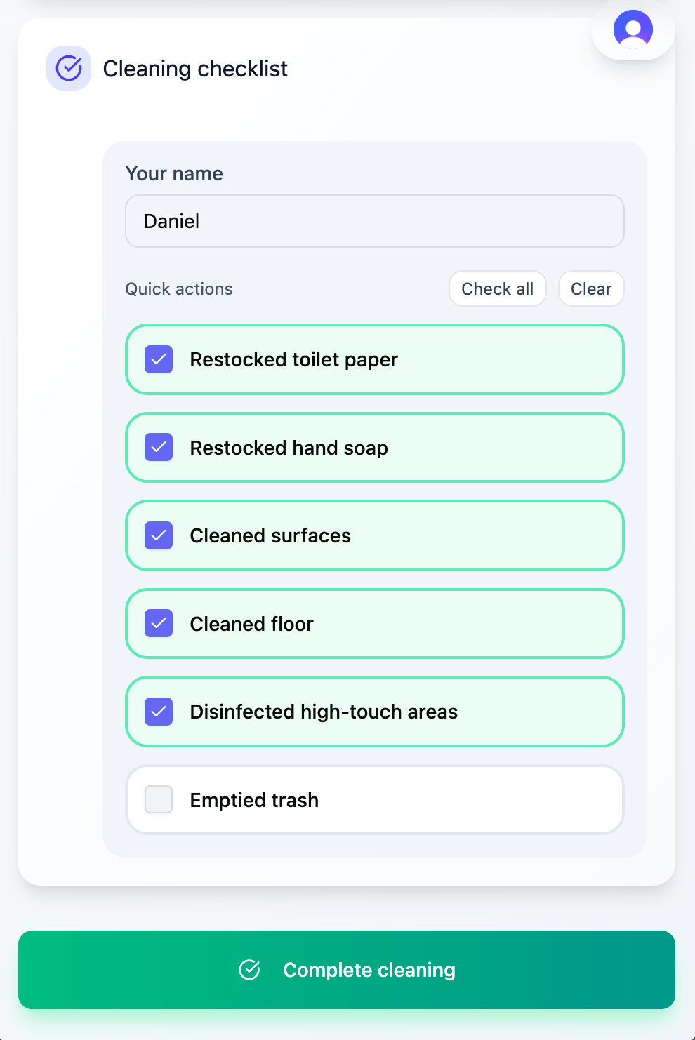 Staff cleaning checklist (no accounts)